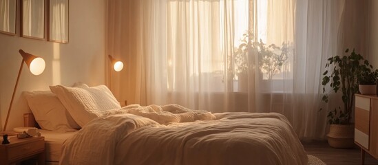 Aufkleber - Serene minimalist bedroom with warm sunlight, soft textiles, and indoor plants creating a cozy romantic atmosphere.