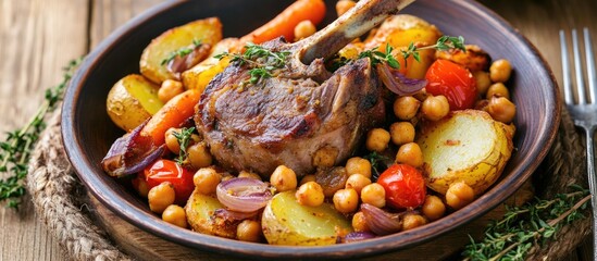 Aufkleber - Roast lamb with potatoes chickpeas carrots tomatoes onions and cumin in a rustic bowl on a wooden table