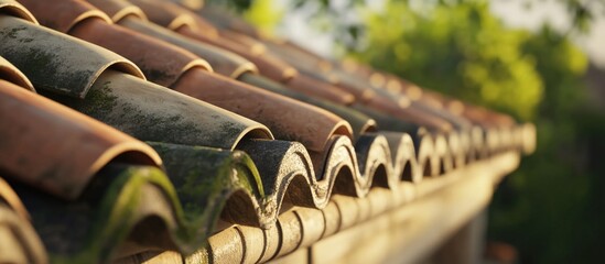 Aufkleber - Close-up of weathered clay roof tiles glistening in sunlight surrounded by lush greenery showcasing texture and architectural detail.