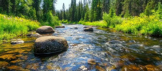 Aufkleber - Serene river flowing over smooth rocks surrounded by lush greenery and vibrant wildflowers in a natural landscape.