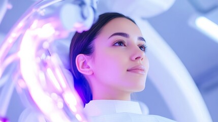 Leinwandbilder - Futuristic Oral Care Hispanic Woman in Cutting-Edge Dental Clinic with Metallic Interiors and Robotic Technology - Advanced Preventive Dentistry for Health-Conscious Patients