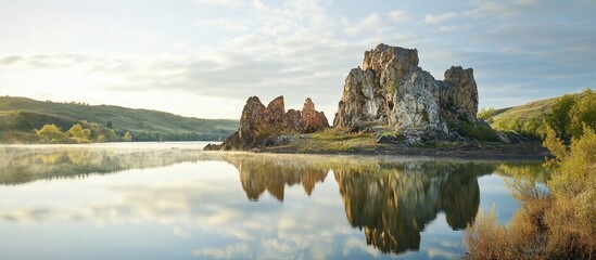 Aufkleber - Majestic Rock Formation Reflected in Calm Reservoir Surrounded by Lush Greenery at Sunrise