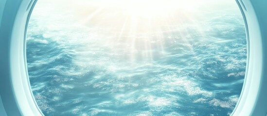Poster - Stunning airplane window view of ocean sunlight reflecting on water with blank space for text overlay ideal for travel promotions.