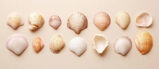 Aufkleber - Assorted sea shells arranged on a soft beige background showcasing their unique textures and colors for a serene coastal aesthetic.