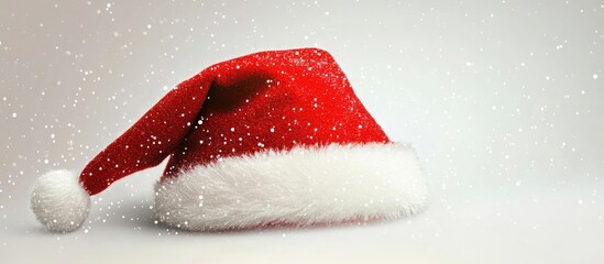 Poster - Santa Claus Hat adorned with Metallic Threads on a Soft Snowy Background with Room for Custom Text