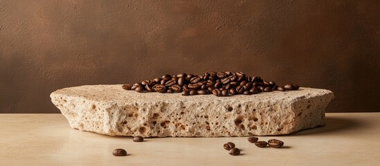 Aufkleber - Roasted coffee beans displayed on a rustic stone pedestal with a warm brown background for an elegant food presentation.