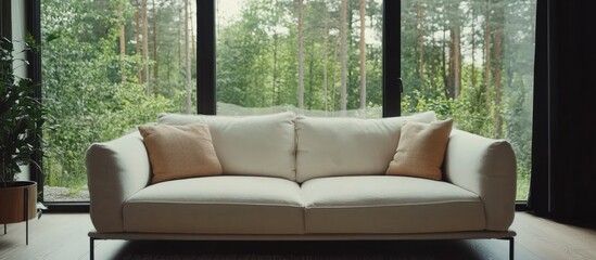 Aufkleber - Scandinavian living room featuring a modern white velvet sofa with forest view Ideal for showcasing interior design and lifestyle concepts