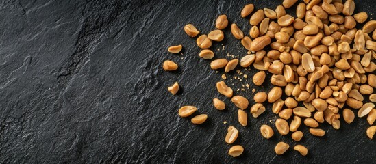 Poster - Roasted peanut seeds scattered on a textured black background showcasing their natural color and texture for culinary or snack-related themes