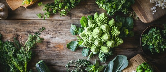Aufkleber - Fresh Romanesco broccoli surrounded by assorted herbs and vegetables on a rustic wooden table for culinary or healthy eating concepts.