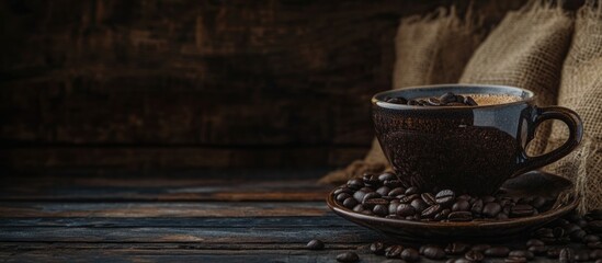 Poster - Roasted coffee beans in a cup surrounded by wooden background and burlap bags showcasing a rich coffee experience