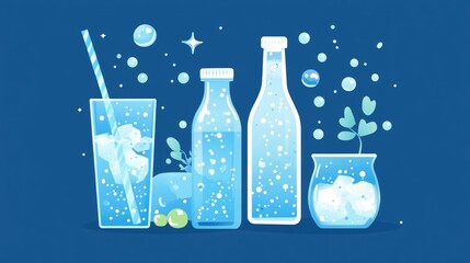 Poster - Refreshing Scientific Illustration Featuring Water Glasses, Sparkling Bottles, and Ice Cubes on a Blue Background