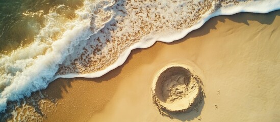 Leinwandbilder - Aerial view of a circular sand hole on a beach with gentle waves washing ashore creating a serene summer atmosphere.