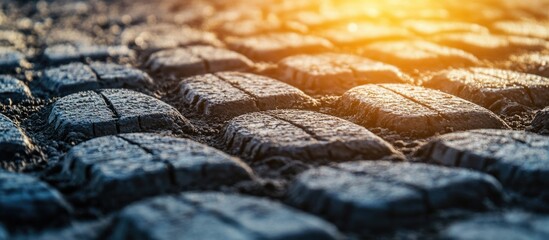 Poster - Textured road surface with tire track impressions illuminated by warm sunlight, showcasing intricate details and patterns, suitable for backgrounds.