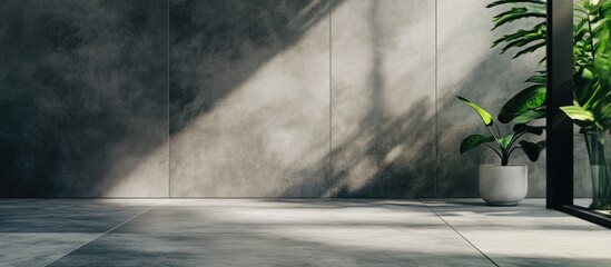Aufkleber - Empty modern room with cement floor and gray concrete wall texture illuminated by sunlight, featuring indoor plants for a serene atmosphere.