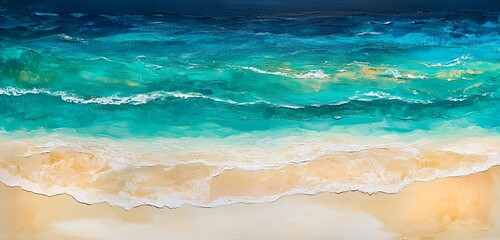  A vibrant view of a beach with turquoise water, white sand, and small waves rolling ashore