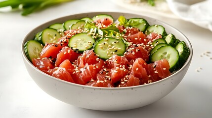 Wall Mural - A vibrant poke bowl with fresh tuna, sliced cucumbers, and sesame seeds, placed on a clean white backdrop