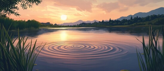 Poster - Ripples on water surface reflecting sunset colors with mountains and greenery in the background creating a serene natural landscape.