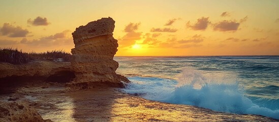 Aufkleber - Sunset over rocky shoreline with waves crashing on the beach and a vibrant sky illuminating the scenic coastal landscape.