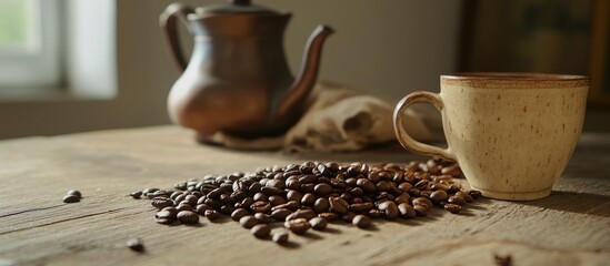 Poster - Roasted coffee beans with rustic coffee cup and traditional pot on wooden table setting