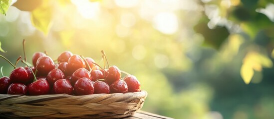 Wall Mural - Freshly picked ripe cherries in a basket under sunlight surrounded by lush greenery promoting healthy living and nutrition with space for text