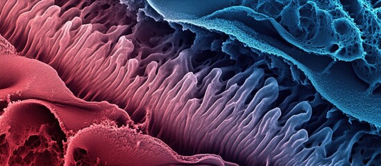 Poster - Scanning electron micrograph showcasing the intricate surface features of a cat's tongue at microscopic detail in vibrant colors.