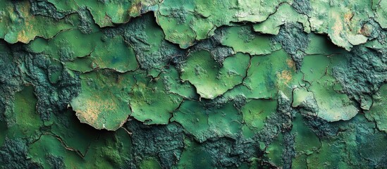Poster - Textured green wall with cracks and peeling paint creating an abstract grunge background for artistic or design purposes.