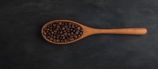 Aufkleber - Roasted coffee beans in wooden spoon on dark background showcasing natural textures and inviting aromas perfect for beverage promotions
