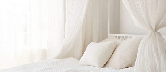Aufkleber - Bright and airy nursery decor featuring white bedding, quilt, pillows, and crib with canopy on a clean white background.