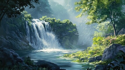 Aufkleber - Serene wilderness landscape featuring a cascading waterfall amidst lush greenery and tranquil river setting