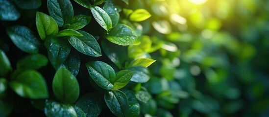 Wall Mural - Lush green leaf wall background with sunlight filtering through leaves in a tranquil garden setting.