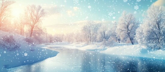Poster - Winter river landscape with snow-covered trees and gentle sunlight creating a serene and peaceful atmosphere in a frozen environment