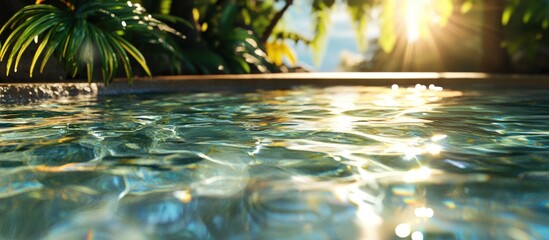 Aufkleber - Sunlit ripple water surface with reflections in a tranquil swimming pool surrounded by lush greenery and warm sunlight.