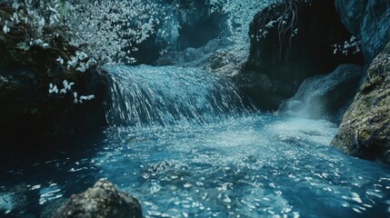 Poster - Enchanted Tranquil Spring with Lush Foliage and Sparkling Waterfalls in a Dreamlike Setting