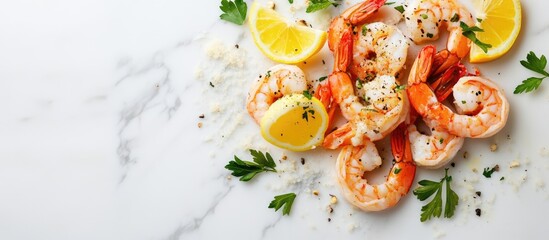 Poster - Seafood carpaccio featuring shrimp garnished with lemon, parmesan, and parsley on a white marble background with space for text.