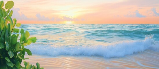 Leinwandbilder - Serene ocean sunset with gentle waves and lush green foliage in the foreground creating a tranquil reflection background.