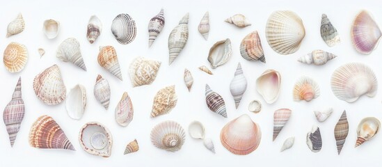 Poster - Sea shell assortment on white background featuring various oceanic shapes and colors in a flat lay top view arrangement