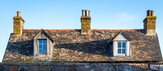 Poster - Historic rooftiles on an old house showcasing charming architectural details against a clear blue sky in natural light.