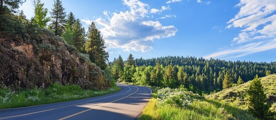 Poster - Scenic Winding Road Through Lush Green Forest Under Bright Blue Sky with Fluffy Clouds