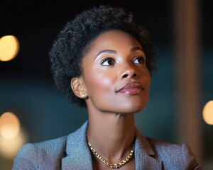 Aufkleber - Moody Leadership in Virtual Business Black Woman, 40, in Structured Blazer and Necklace at Home Office - Digital Transformation and Remote Work for Modern Corporate Strategy