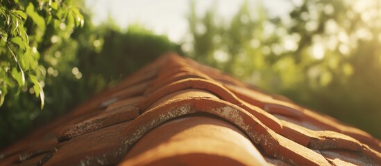 Poster - Terracotta roof tiles bathed in sunlight with lush greenery in the background creating a warm and inviting atmosphere.