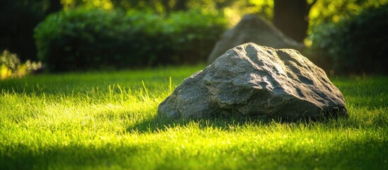 Aufkleber - Natural stone on lush green grass in sunlit park setting showcasing vibrant nature and tranquility. Perfect for outdoor and gardening themes.
