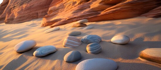 Aufkleber - Sandy landscape featuring smooth pebbles scattered on golden sand with layered sandstone formations in the background during sunset.