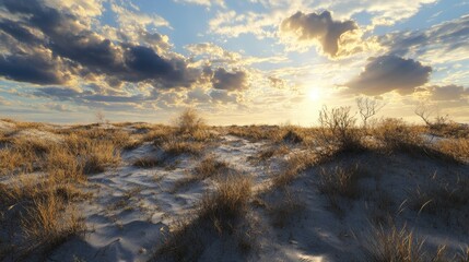 Aufkleber - Desert landscape featuring sandy dunes, dry vegetation, and a striking evening sky illuminated by the setting sun.
