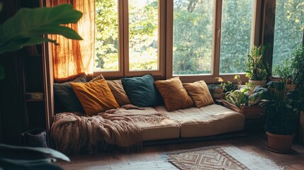 Aufkleber - Cozy rustic living room with bohemian decor featuring a comfortable sofa and large windows accentuated by indoor plants and natural light