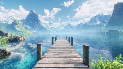 Poster - Serene dock extending into tranquil ocean surrounded by majestic mountains under a clear blue sky and soft clouds.