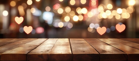 Poster - Heart shaped bokeh lights on a wooden surface with empty space for Valentine's Day product display and seasonal promotions.