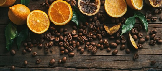 Aufkleber - Coffee beans and citrus fruits arranged on vintage wooden surface creating a rustic and appetizing coffee-inspired composition