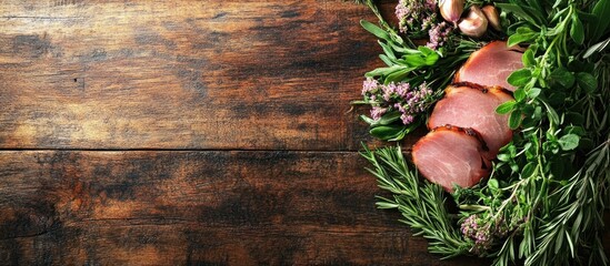 Aufkleber - Savory ham garnished with fresh herbs on a rustic wooden table with ample blank space for text or culinary advertisements