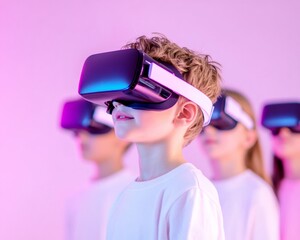 Fototapete - Futuristic VR Learning Young Students in Minimalist Neon Classroom with Holographic Lessons - Cutting-Edge Education and Tech Marketing Content
