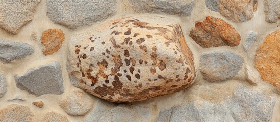 Aufkleber - Rocky stone wall featuring a prominent sand-colored boulder with brown patterns and spots, showcasing natural textures and colors.